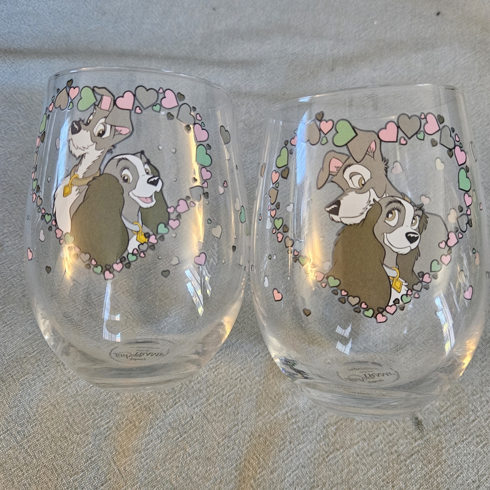 EUC Disney Lady and the Tramp Stemless Wine Glasses